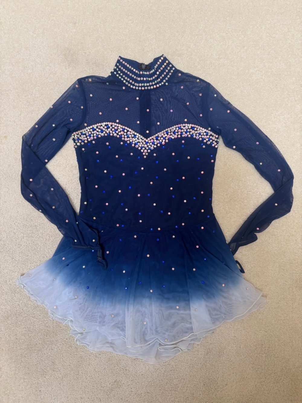Used Navy to White Ombre Figure Skating Dress with Rhinestones